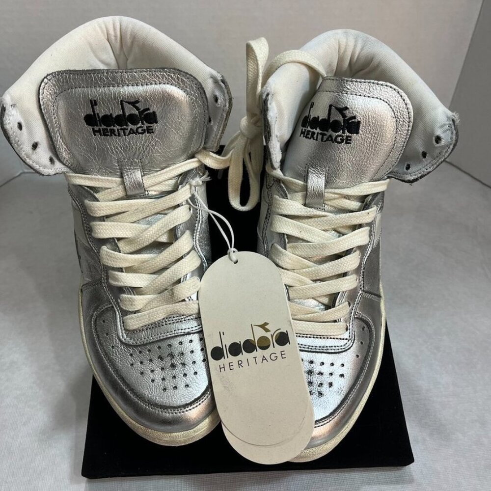 Diadora Heritage MI Basket Metallic Leather High Top Sneakers Silver 1984 Retro